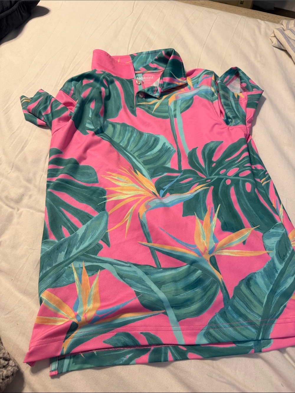 chubbies Pink Tropical Leaf Print Polo with Green & Yellow Accents